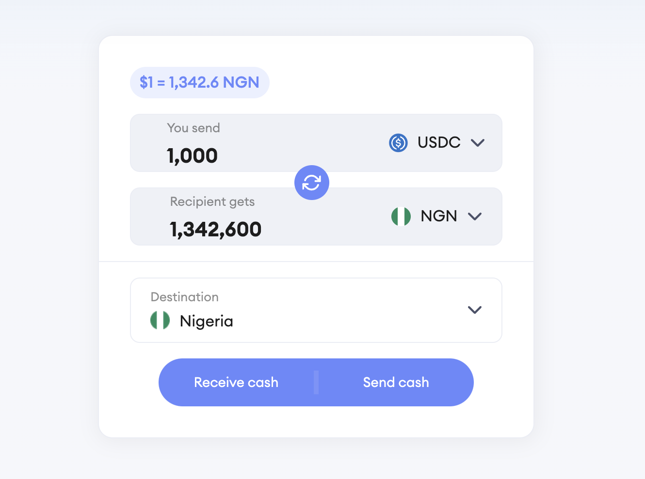 Sendcash app interface showing currency conversion